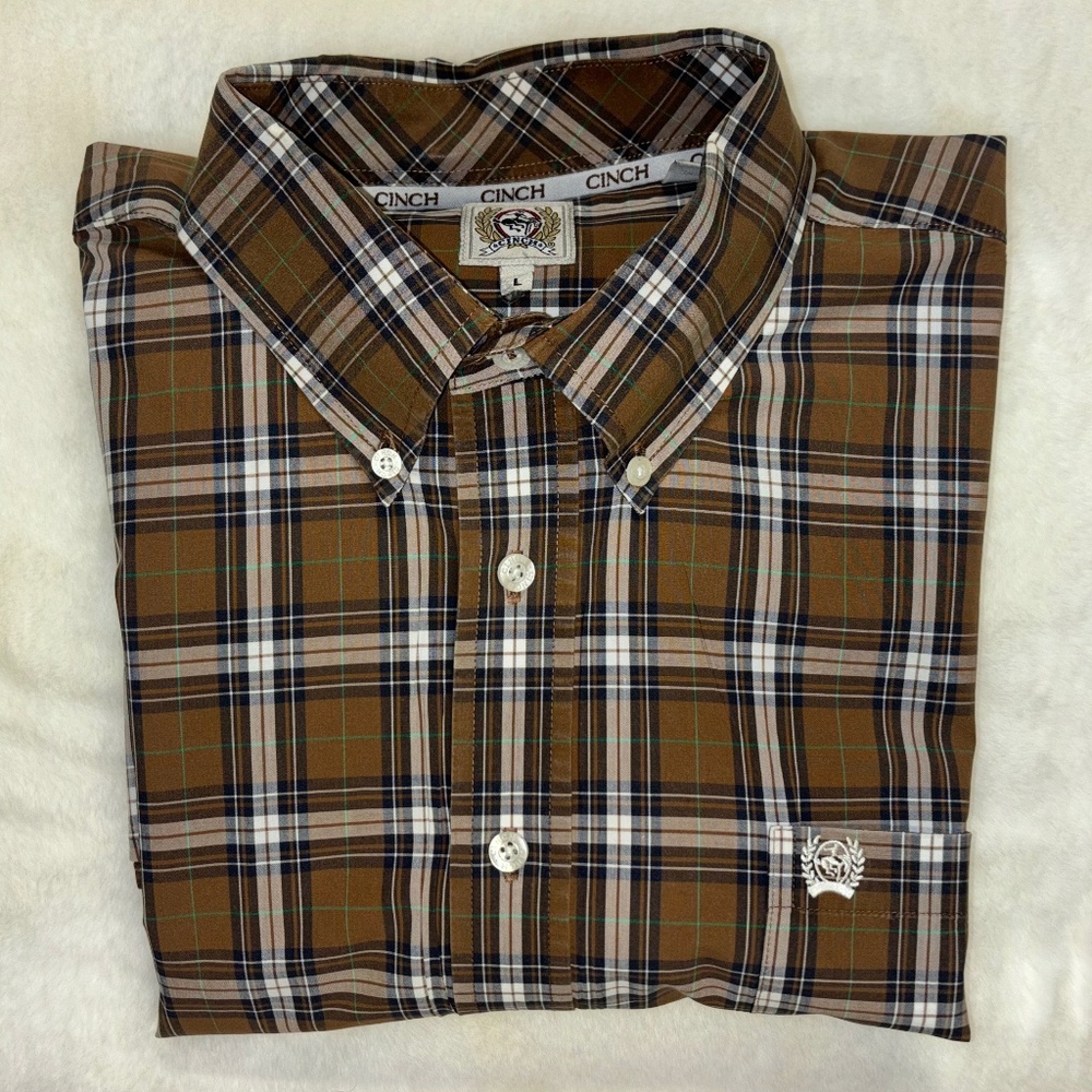 Cinch Men's Brown, Black and White Plaid Shirt, Size L